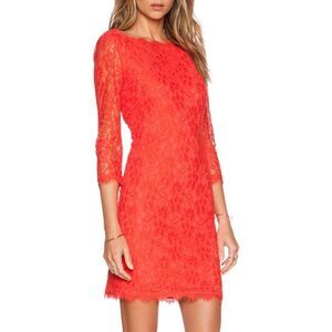 Diane von Furstenburg DVF Hot Coral Zarita Dress Floral Lace Formal Sz 4
